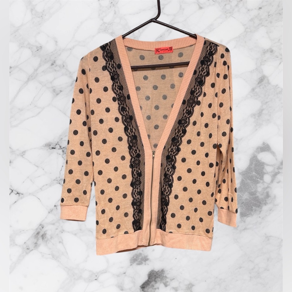 Spoiled Peach Polka Dot Cardigan top with Black Lace size large